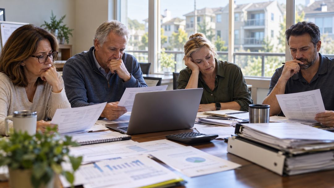 HOA board members reviewing financial reports and paperwork around a table.