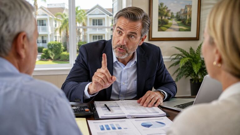 Accountant warning HOA board members during a budget review meeting