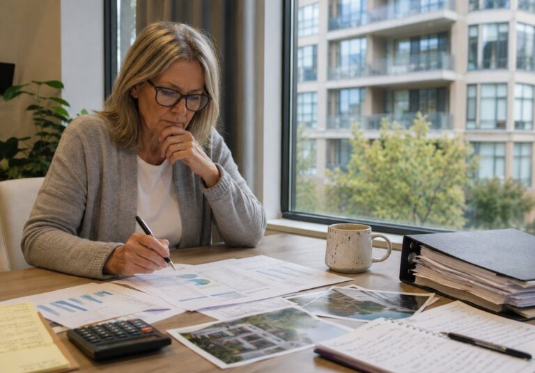 Condo board member reviewing financial reports and maintenance documents with a condominium building visible outside.