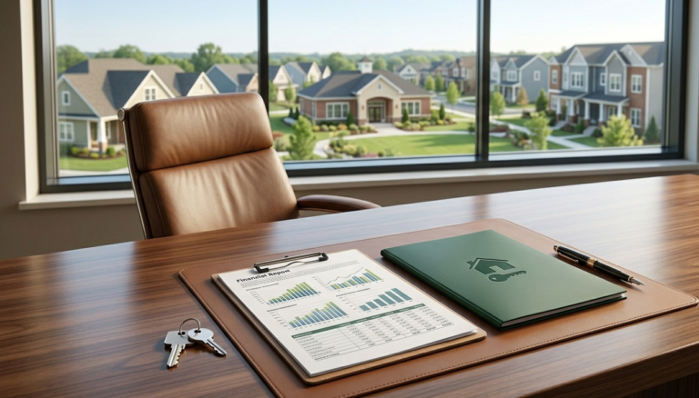 A professional desk with a financial report and clipboard overlooking a well-maintained residential neighborhood, representing HOA financial oversight and board responsibility.