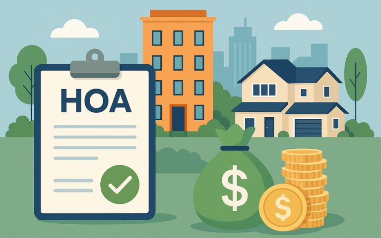 Illustration of a suburban community with residential buildings, a clipboard labeled HOA, a money bag with a dollar sign, and stacked coins representing HOA dues.