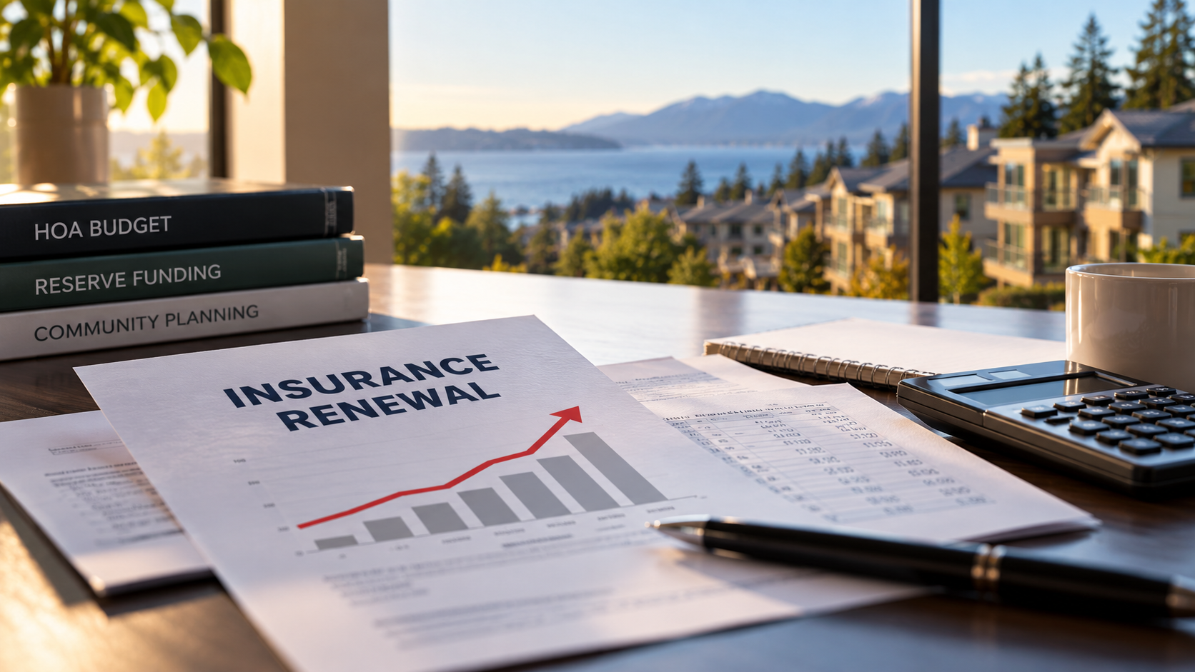 HOA insurance renewal report showing rising costs alongside financial documents, a calculator, and budget planning materials.