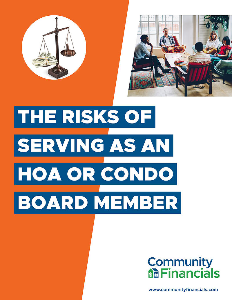 The risks of serving as an HOA or condo board member with scales of justice and board meeting
