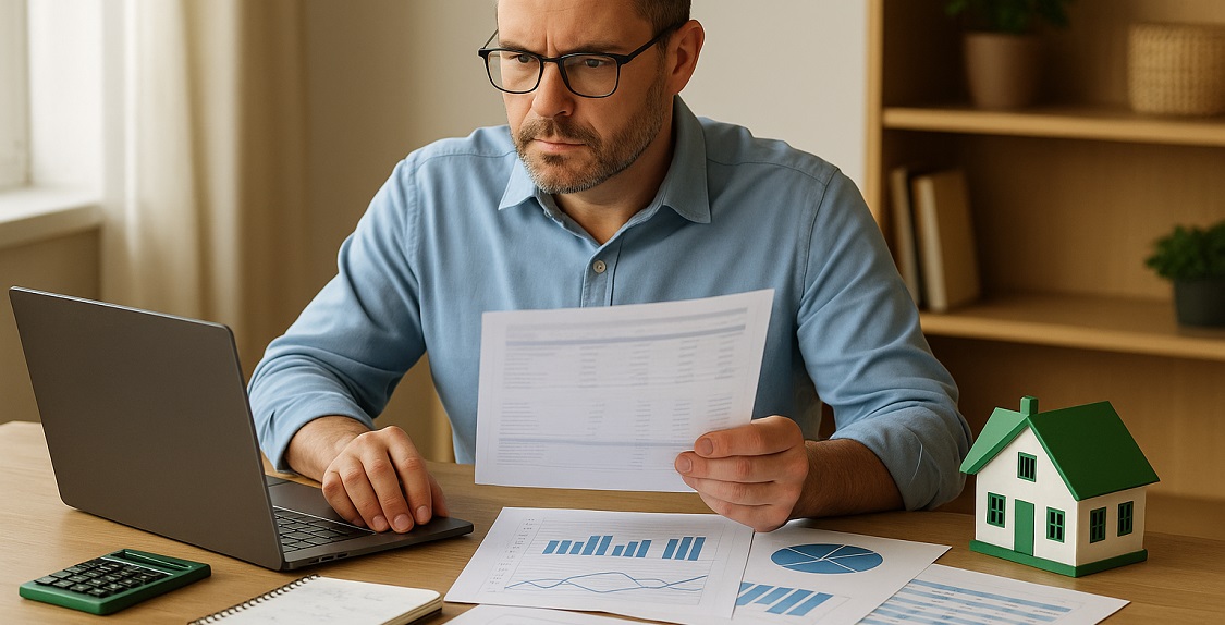 A middle-aged man with short dark hair and glasses reviews financial documents at a desk, surrounded by charts, a laptop, calculator, notepad, and a small green-roofed model house, suggesting careful HOA financial planning in a home office setting.
