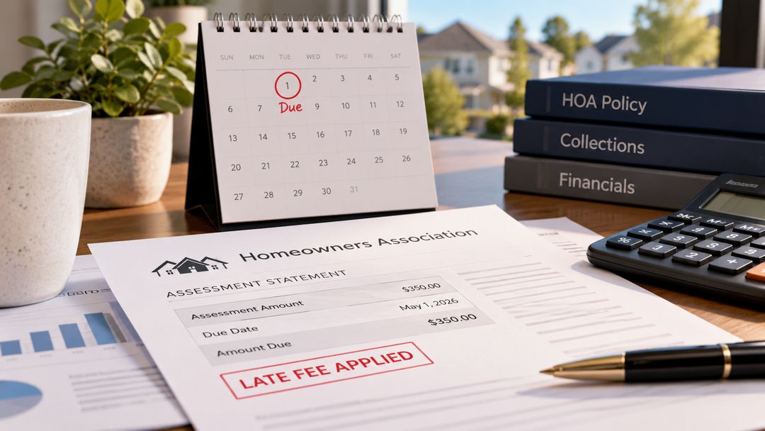 HOA assessment statement with a late fee notice, calendar, calculator, and financial documents on a desk.