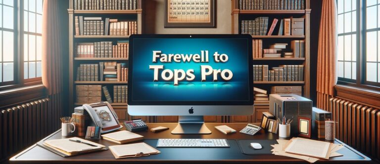 A computer screen in an office with bookshelves and a calendar, with the words "farewell to tops pro" written on the screen.